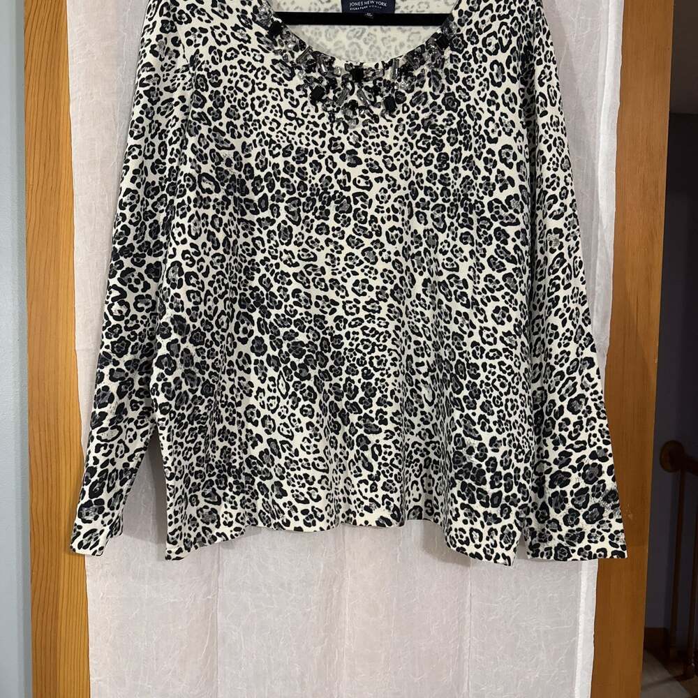 Leopard Print Embellished Blouse 2X Jones New York Silk Blend Beaded Statement